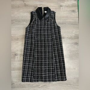 Sleeveless Black & White Tweed Shift Dress with Faux Leather Collar